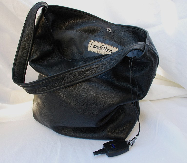 Large Black Leather Bucket Tote Bag Hobo handbag Laurel