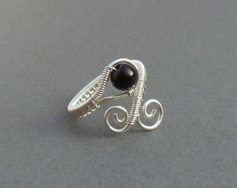 Onyx silver ring, black stone ring, sterling silver jewelry, handmade adjustable ring