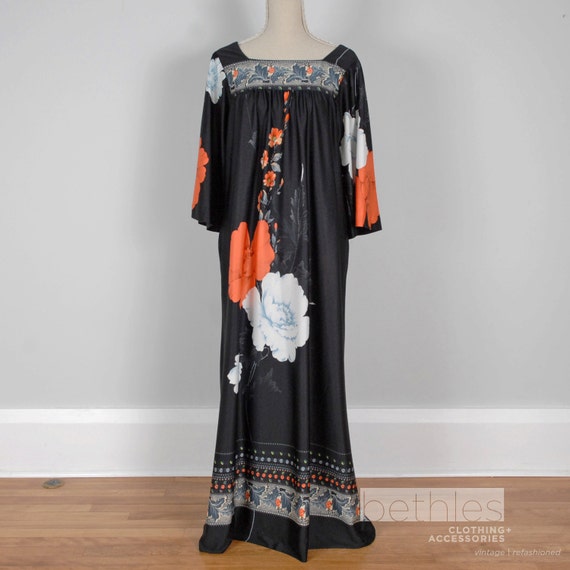  1960s Caftan Black Floral Dress Orange White Maxi Dress