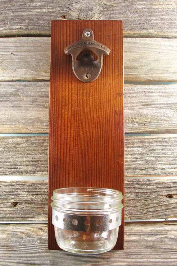 bottle opener upcycled wood wall mount mason jar cap catcher