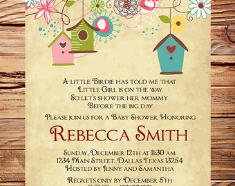 Baby Shower Invitation, Bird houses Baby Shower Invitation, Boy, Girl, Vintage Baby Shower Invite, Birds, Brown, Pink, 1057