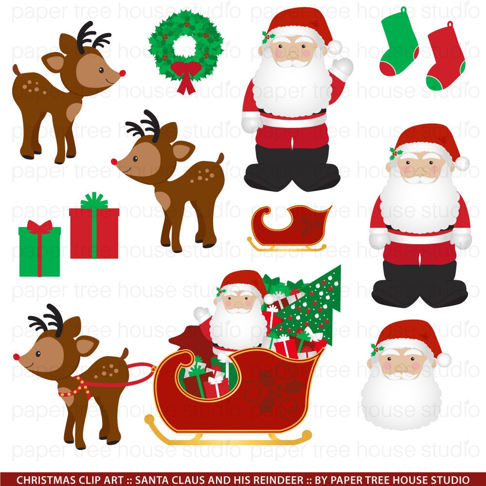 Clip Art Set - Santa Claus and Reindeer - Christmas Holidays - 12 Print Ready Files - JPG and PNG Format - ID 198