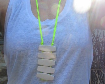 white bamboo geo neon acid yellow pendant necklace