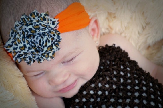 820 New baby headband pantyhose 355 Baby Girl Headband   Leopard Print Shabby Flower on Orange Nylon   