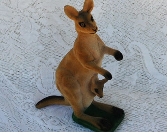 SALE Rare Flocked Kangaroo and Baby Figure Vintage