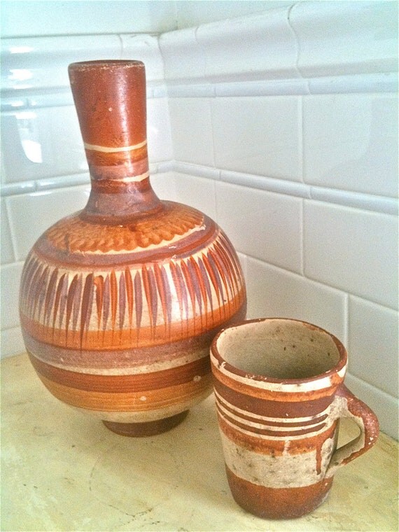 Vintage Mexican Water Jug With Cup Carafe Cantaro From Mexico