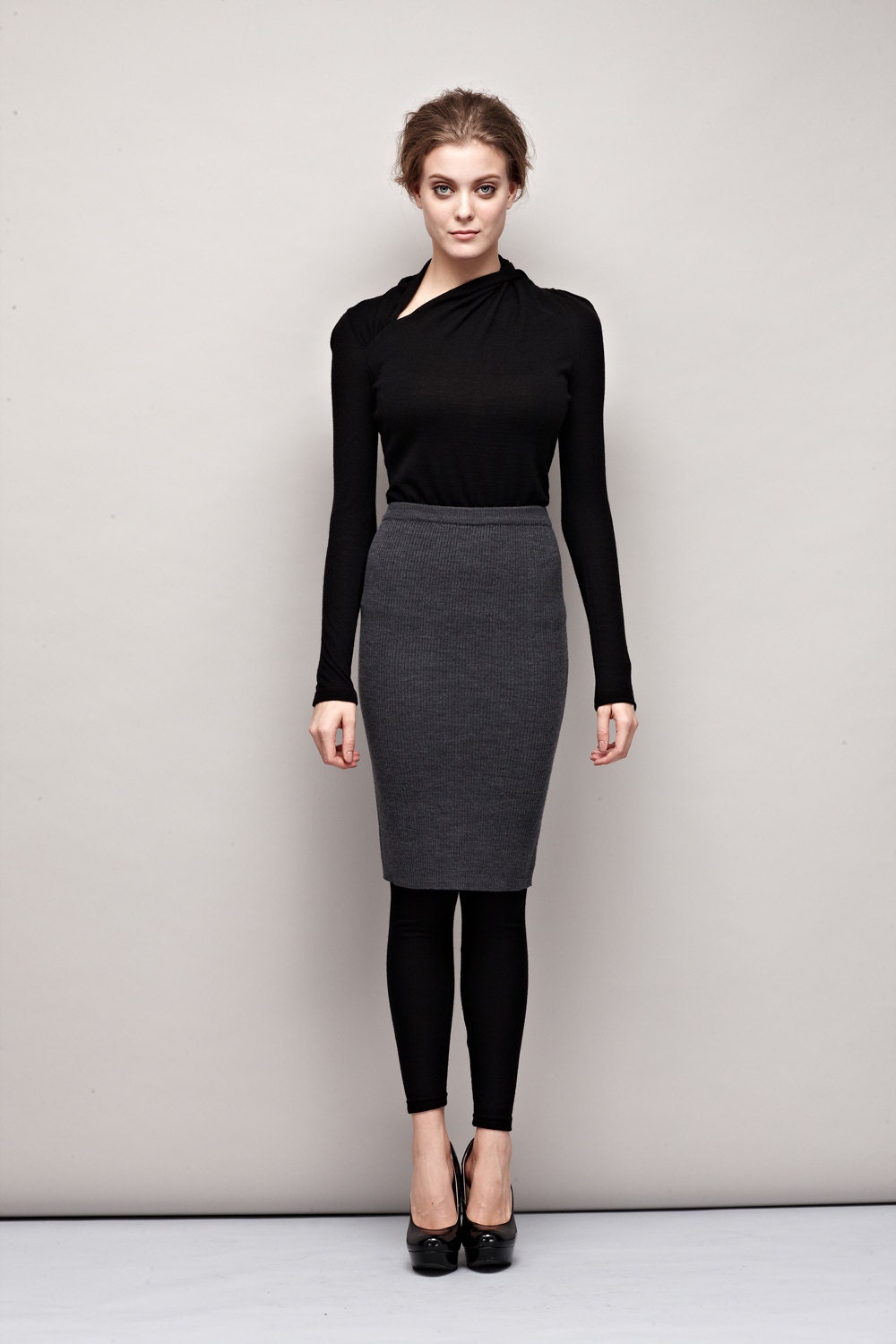 Gray Wool Skirt With Rib Detail Pencil Skirt Wool