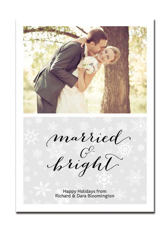 Newlyweds Holiday Card First Christmas Card Married & Bright Couple Snowflake Greeting FREE PRIORITY SHIPPING or DiY Printable - Bloomington Il_570xn