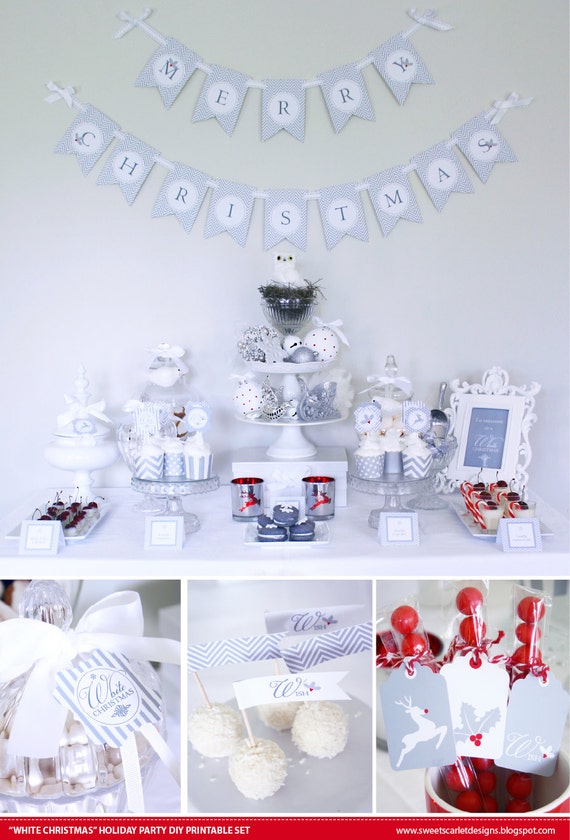CHRISTMAS Printable Set - White Christmas - Includes Cupcake Toppers, Bunting, Candy Wrappers, Gift Tags and more Il_570xn