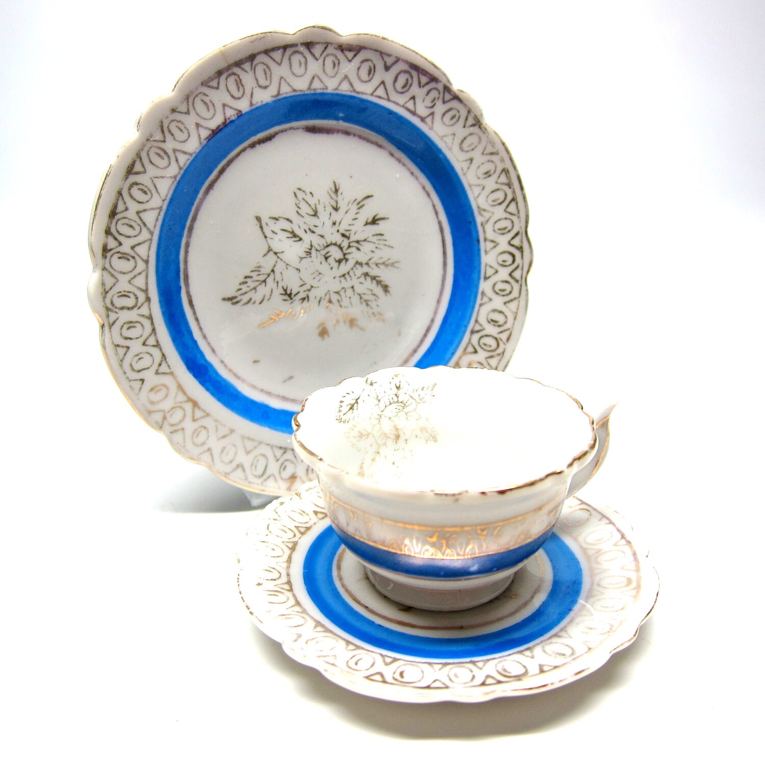 Vintage Childs Tea Cup Saucer Dish Miniature Japan Blue Gold