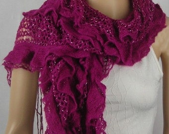 Long Chunky Knit Scarf - Knitted With Fringe scarf - Shawl Scarf Cowl Scarf - silver metalic thread - fuchsia scarf
