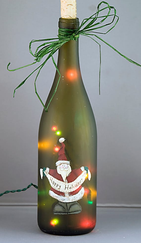 Santa Claus Lighted Wine Bottle Hand Painted Seasonal Holiday