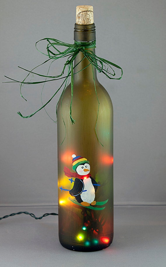 Penguin Skiing Lighted Wine Bottle Hand Painted Seasonal