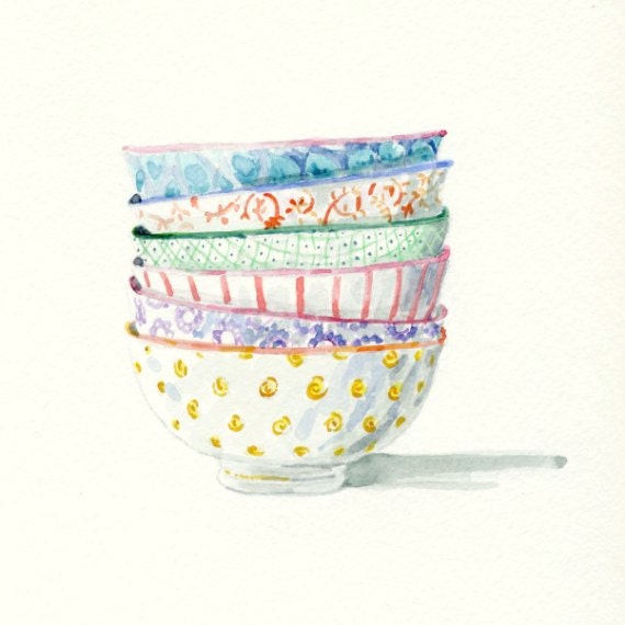 Art Print of Original Watercolor Painting patterned Bowls