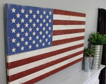 Rustic Wooden American Flag - Patriotic Distressed Art Sign - Carved Stars