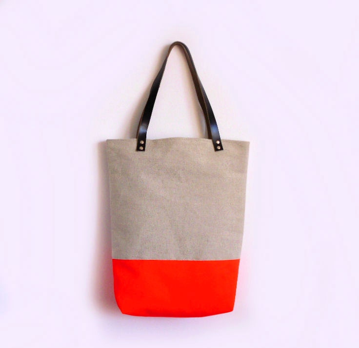 Large Tote bag Canvas Neon Orange Leather Handles Large