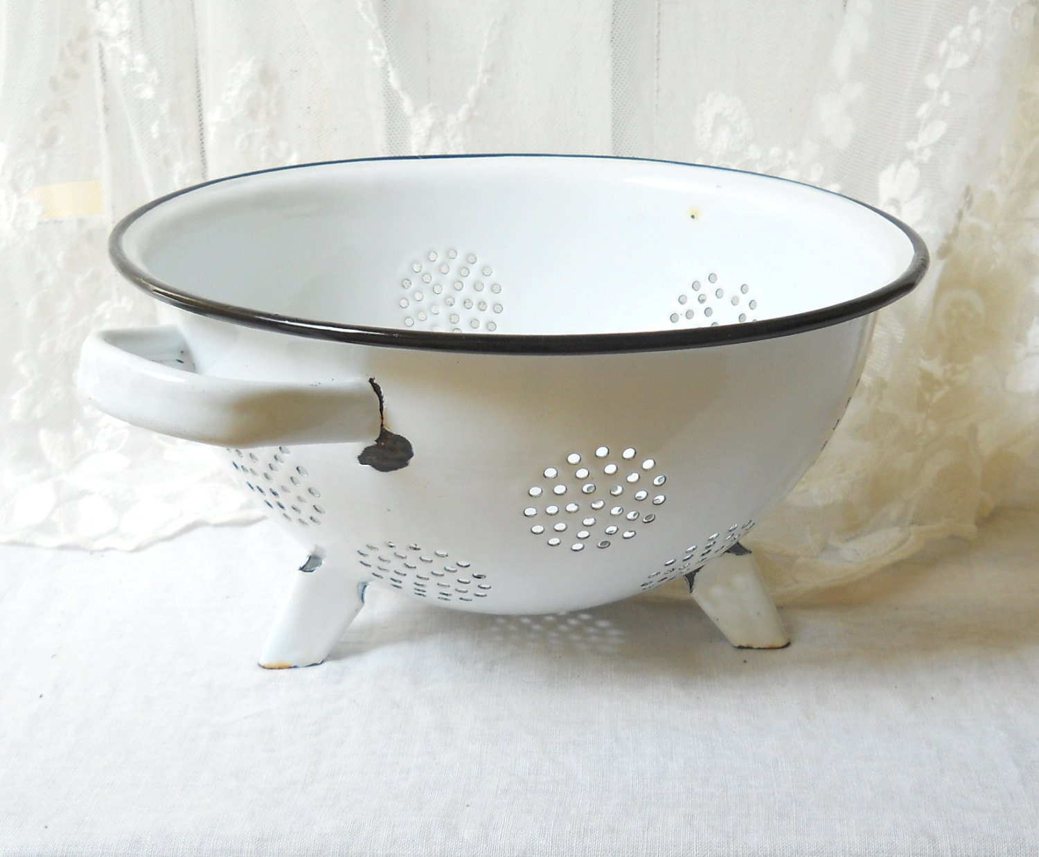 Vintage Enamel Colander White Colander Vintage Kitchen Utensil