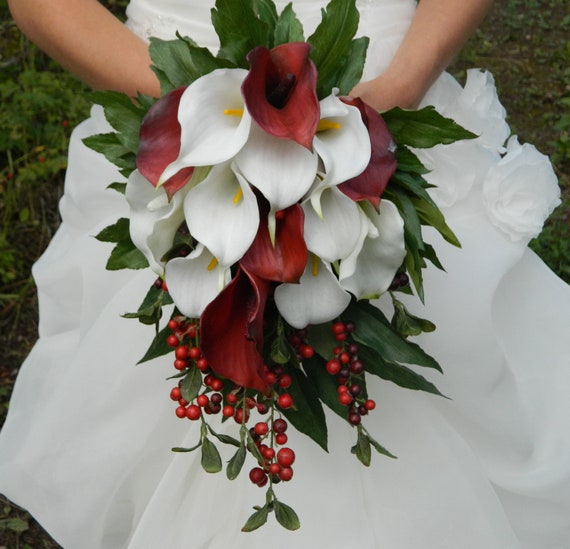 Items similar to SALE Calla Lily Cascade Bouquet, red, white, winter
