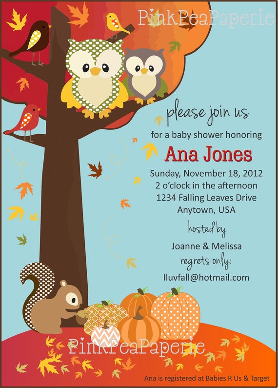 FALL FOREST FRIENDS Baby Shower Invitation - Red and Orange - Digital Printable Il_570xn
