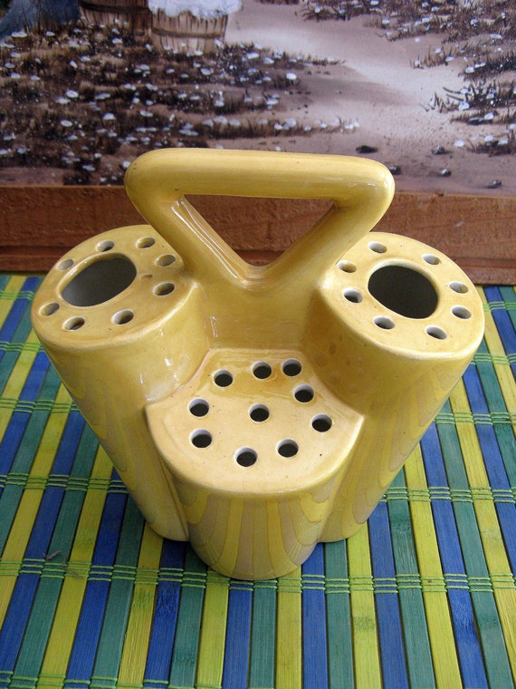 Vintage 1950s Yellow Ceramic Flower Frog/Vase by LINENSETCETERA