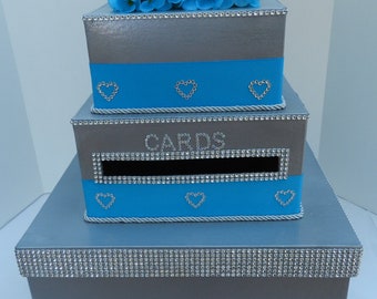 SALE !! Wedding Card Box Turquoise Blue Bling Mesh Wrap