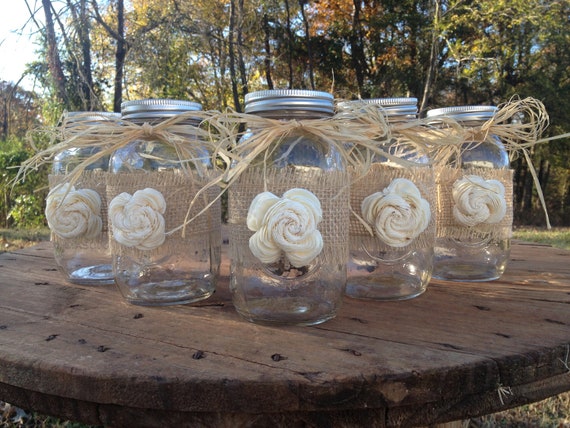Set of 5 - Shabby Chic Rustic Mason Jars with Sola Flower - Rustic Wedding Decor - Wedding Mason Jars - Mason Jar Centerpieces by CountryBarnBabe