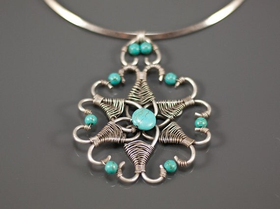 Turquoise Necklace-Gemstone Jewelry-Valentine's Day Jewelry- wire wrapped - necklace-wire wrapped jewelry handmade-wire wrapped pendant