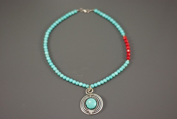Turquoise and red beaded necklace,spring jewelry handmade,wire wrapped jewelry handmade, jewelry turquoise jewelry necklace