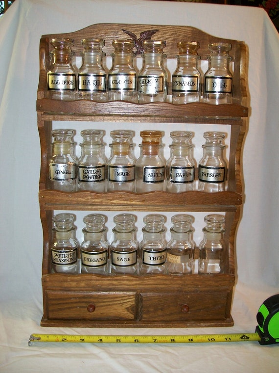 Vintage Wood Spice Rack tall 18 bottles 3 shelves 2