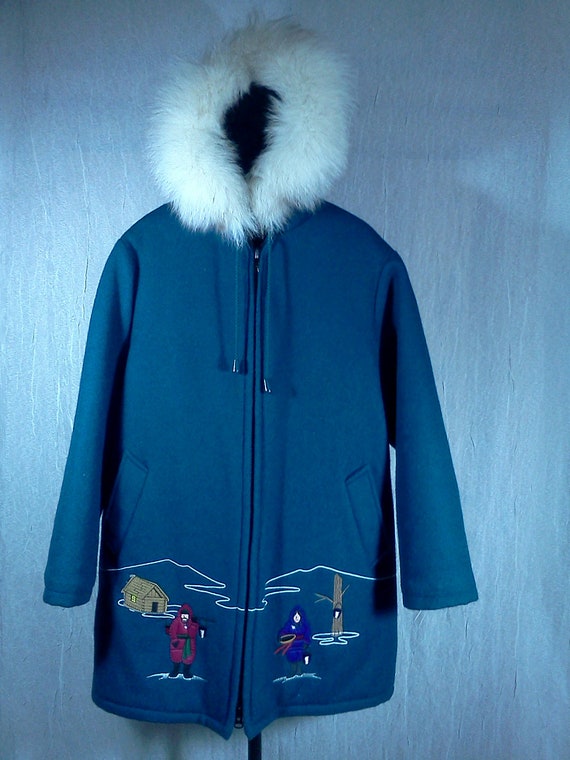 Vintage Inuit Eskimo Parka Wool Jacket Emroidered Fur trim