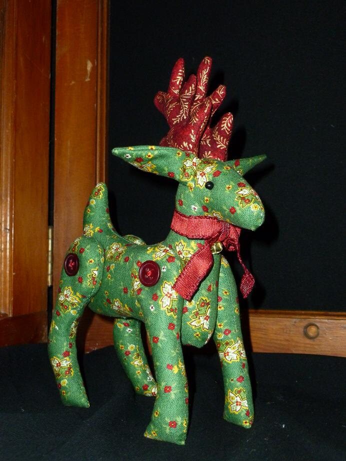 Christmas Reindeer Decoration Handcrafted Green and Red Print Fabric Soft Body