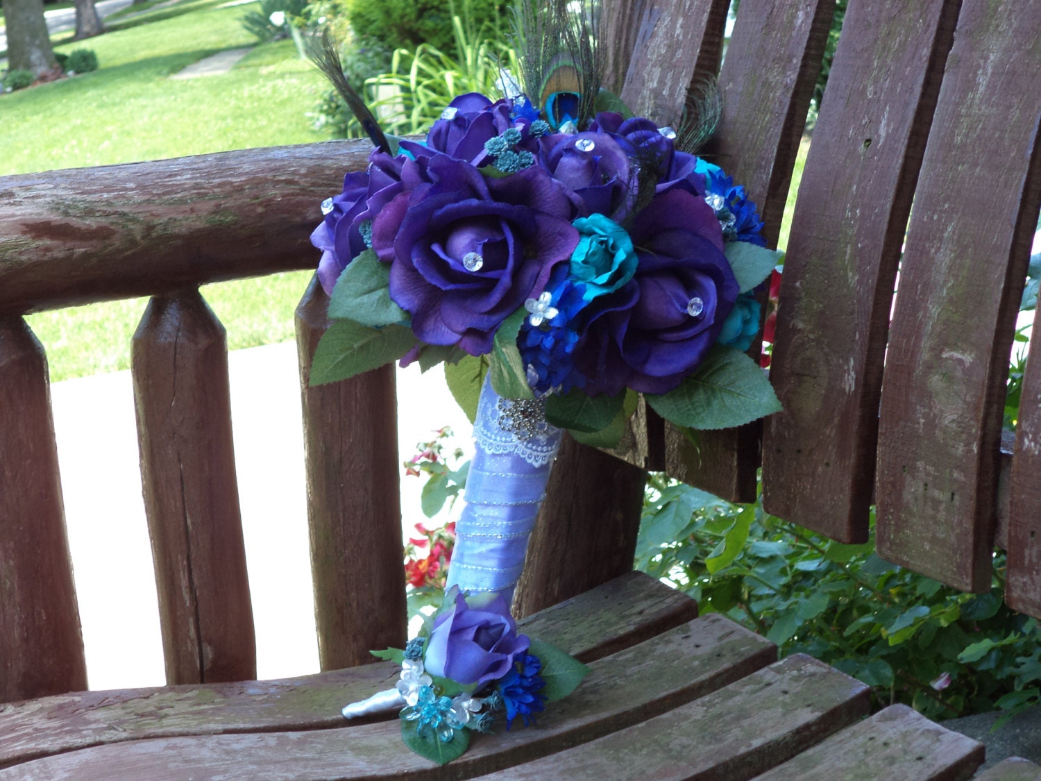 Peacock Bridal Bouquet / Teal and Purple Real Touch Silk