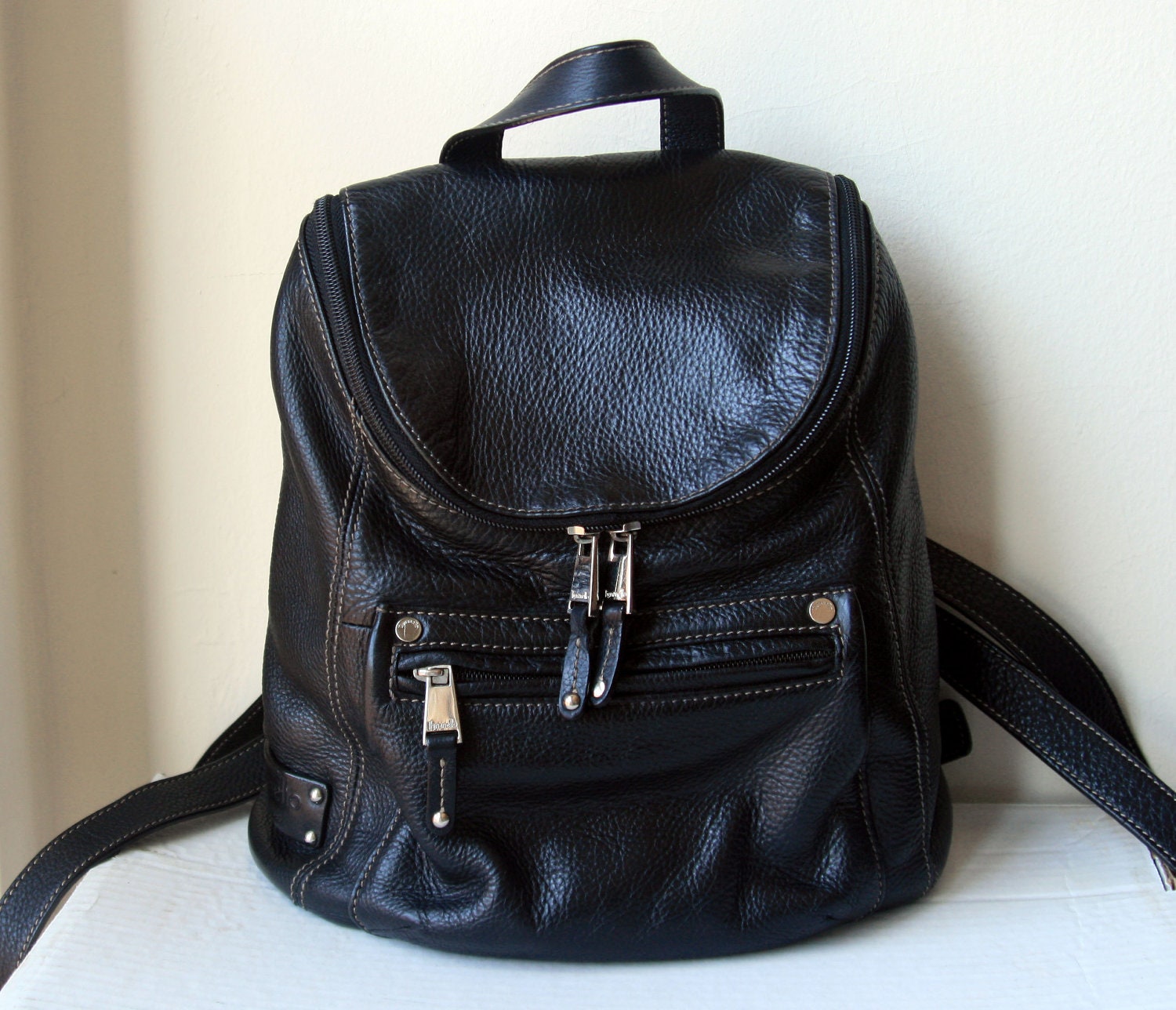Vintage Tignanello Large Black Pebble Leather Backpack Purse