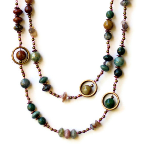 Extra Long Handmade Wrap Agate Necklace Forest Green Brown