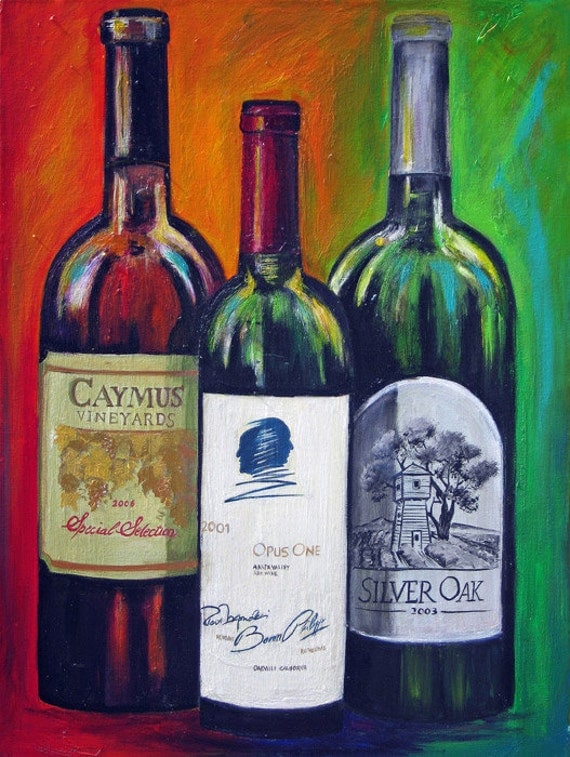 Wine Bottles painting Print on canvas Opus One Silver Oak