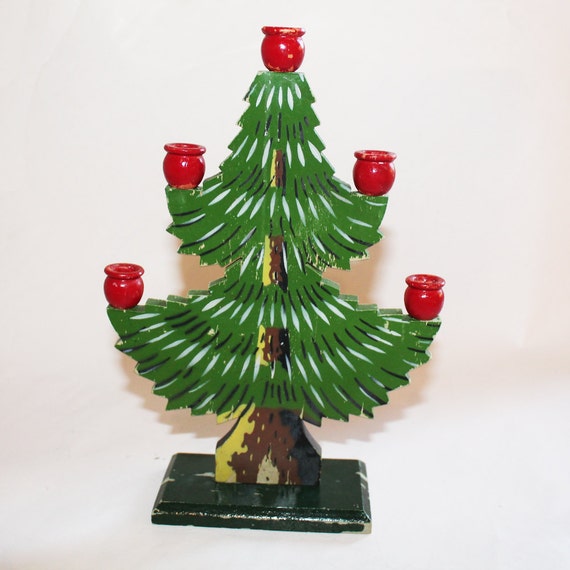 Vintage 1940s Swedish Folk Art Wood Christmas Tree Candle