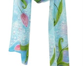 Silk Scarf Spring Tulips Hand Painted in Soft Red Light  Blue Long Scarf  Wearable Art READY TO SHIP.