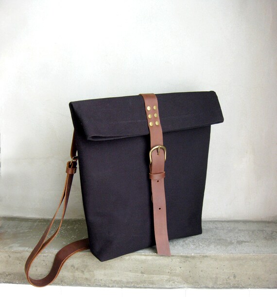Black Canvas Messenger Tote Bag Brown Leather Straps