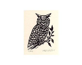 Linoleum Block Art - Owl Linocut Art Print - Animal Linocut Wall Art - Rustic Woodland Home Decor - Hand carved Owl Linoblock Print on Paper
