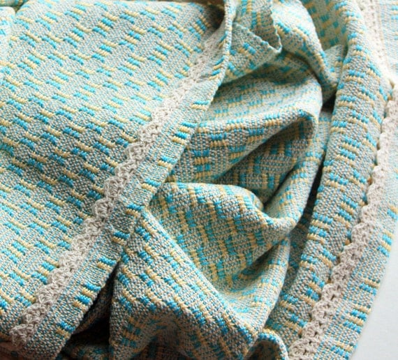 Items similar to Woven Baby Blanket Handwoven Wrap, cotton teal and ...