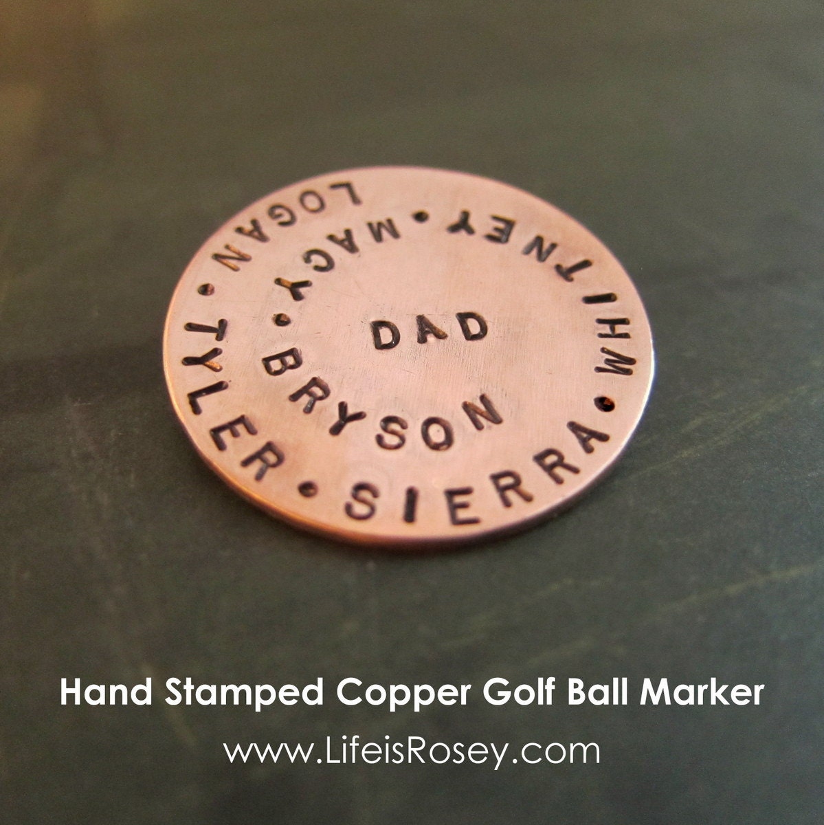 Personalized Golf Ball Marker Hand Stamped Copper 1 inch