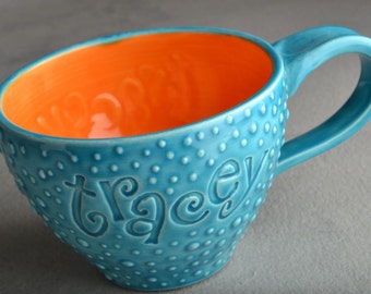 Personalized Mug Made To Order Personalized Stamped Dottie Soup Cocoa Mug by Symmetrical Pottery