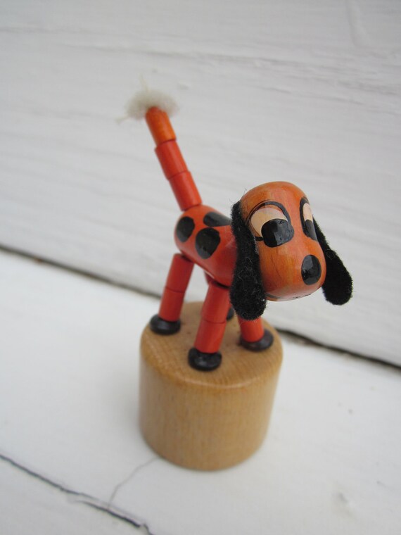 Vintage Italian Push Puppet Wooden Orange Spotted Dog