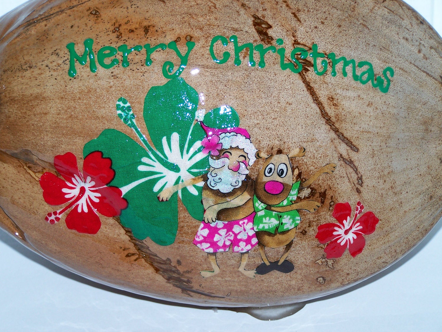 Hawaiian Tropical Santa and Reindeer Coconut Postcard