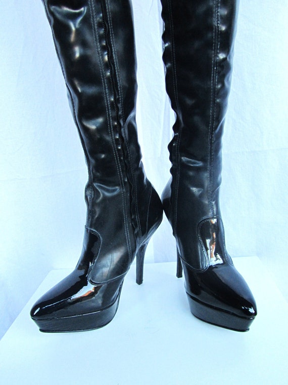 Black Rubber Dominatrix Sexy Black Thigh-Length Boots Size 6