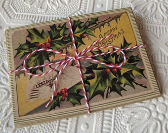 Christmas Note Cards Vintage Holly and Stripes set of 5