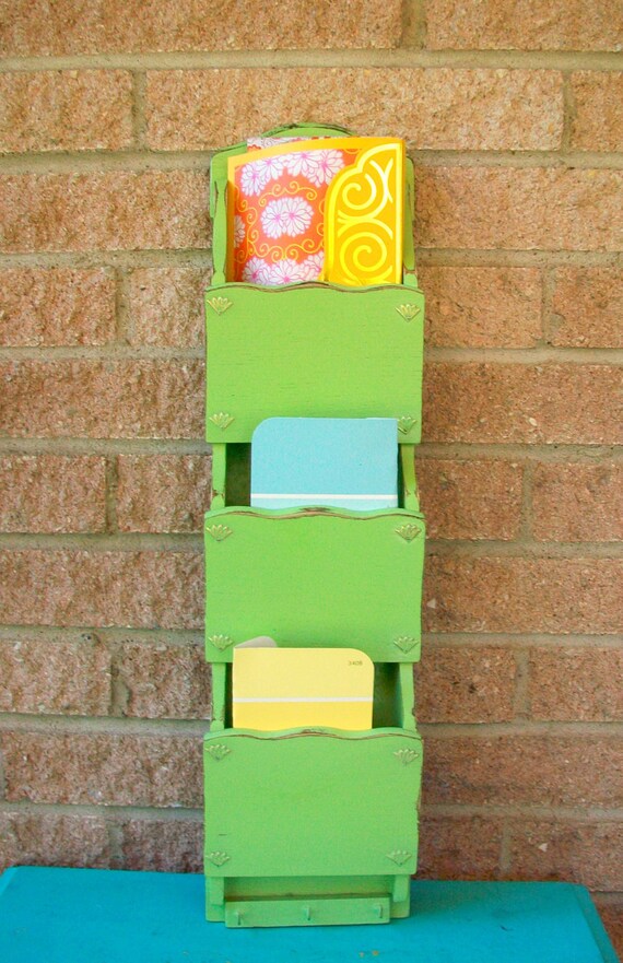 Green Wall Mail Holder Sorter Organizer Upcycled Wooden On