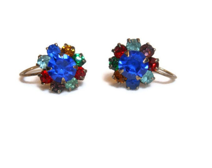 FREE SHIPPING R.L. Griffith earrings, sterling silver, multi-colored, prong set rhinestone earrings, signed and marked sterling