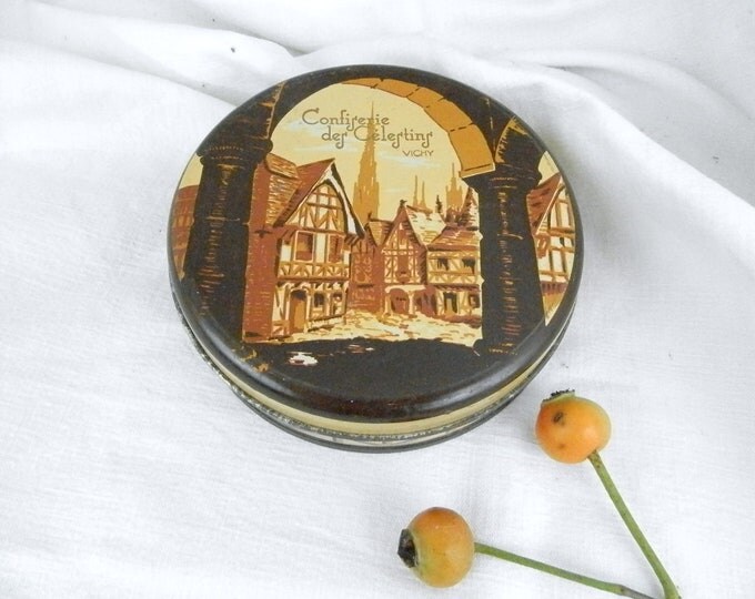 Vintage French Candy Tin / Sweet / French Country Decor / Retro Home / Fleamarket / Decorative / French Vintage / Brown / Home Decor