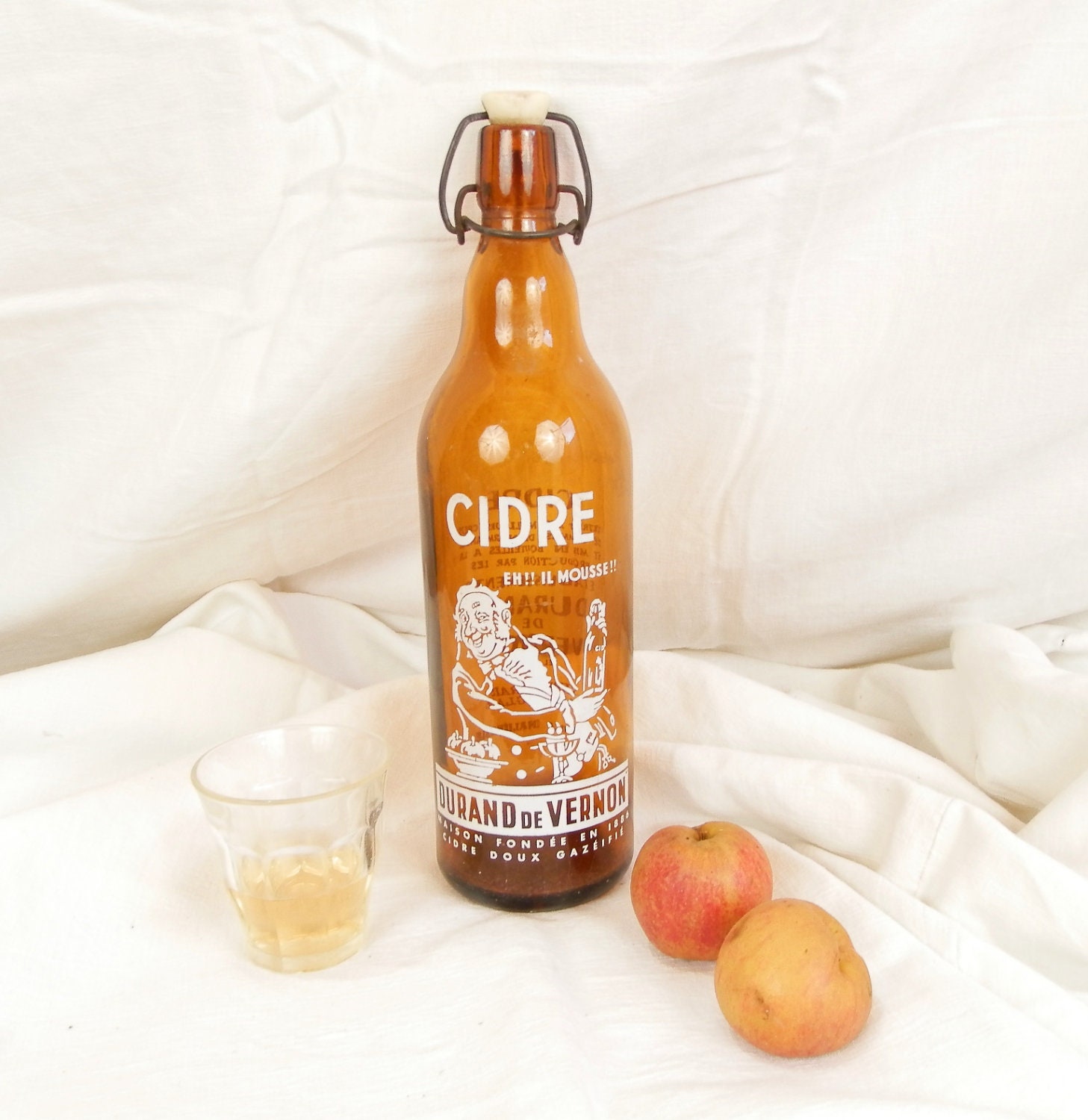 Vintage French Amber Glass Cider Bottle with a Metal and